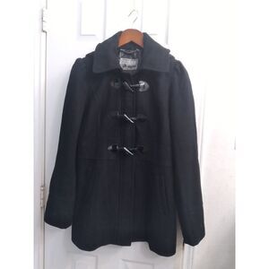 Classic Black Wool Toggle Duffle Coat with Hood‎ Winter Outerwear